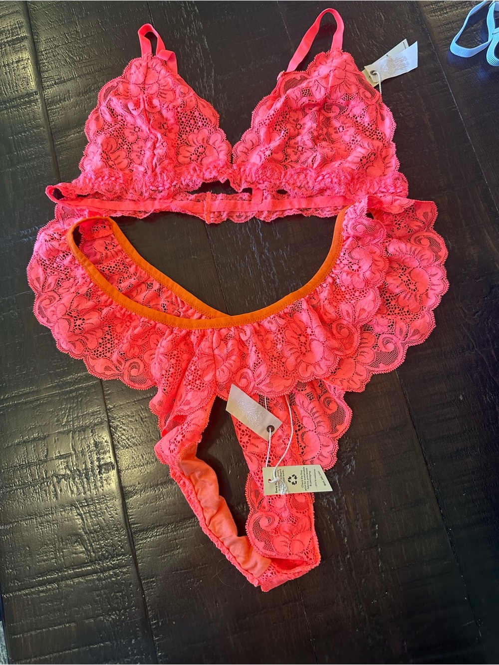 We Are Hah Women's Neon Coral Lace Bralette & Ruffle Thong Set Size XL